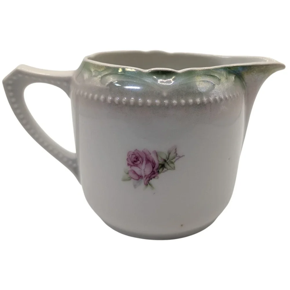 Vintage Creamer Pitcher Pink Flowers Roses‎ Hand Painted Germany Textured Dots
